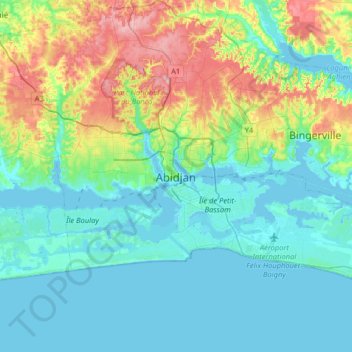Topografisk kort Abidjan, højde, terræn