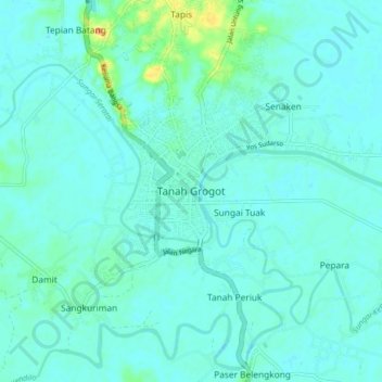 Topografisk kort Tanah Grogot, højde, terræn