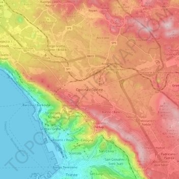 Topografisk kort Opicina, højde, terræn