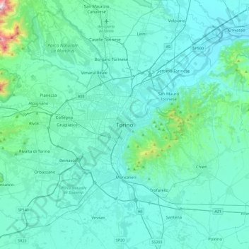 Topografisk kort Torino, højde, terræn