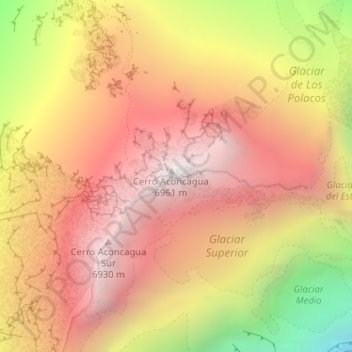 Topografisk kort Cerro Aconcagua, højde, terræn