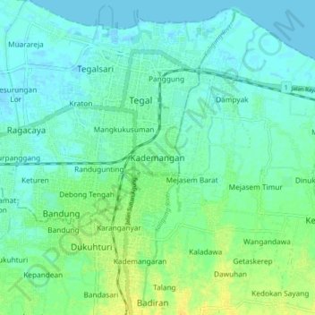 Topografisk kort Kademangan, højde, terræn