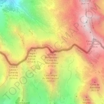Topografisk kort Cime du Mercantour, højde, terræn
