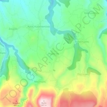 Topografisk kort Roustika, højde, terræn