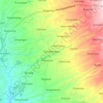 Topografisk kort Candimulyo, højde, terræn