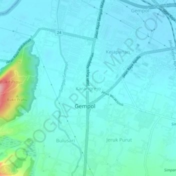 Topografisk kort Karangrejo, højde, terræn