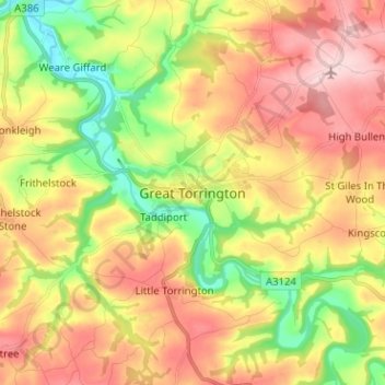 Topografisk kort Great Torrington, højde, terræn