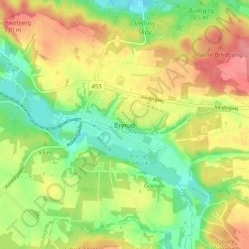 Topografisk kort Bryrup, højde, terræn