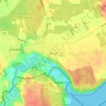 Topografisk kort Kruså, højde, terræn