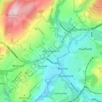Topografisk kort Hollingworth, højde, terræn