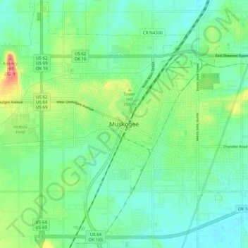 Topografisk kort Muskogee, højde, terræn