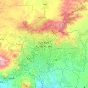 Topografisk kort አዲስ አበባ / Addis Ababa, højde, terræn