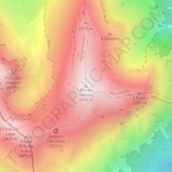 Topografisk kort Monte Vettore, højde, terræn