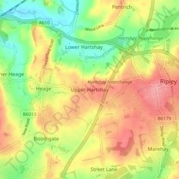 Topografisk kort Upper Hartshay, højde, terræn