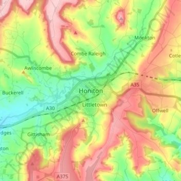 Topografisk kort Honiton, højde, terræn