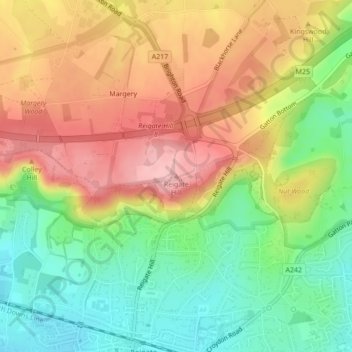 Topografisk kort Reigate Hill, højde, terræn