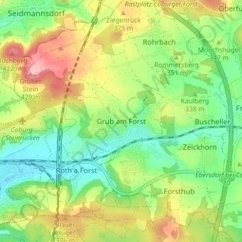 Topografisk kort Grub am Forst, højde, terræn