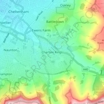 Topografisk kort Charlton Kings, højde, terræn