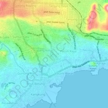 Topografisk kort Kupang Raya, højde, terræn