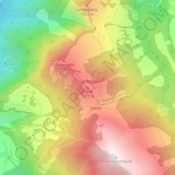 Topografisk kort Caral, højde, terræn