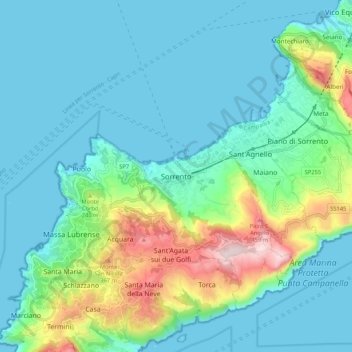 Topografisk kort Sorrento, højde, terræn