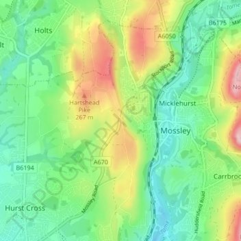 Topografisk kort Mossley Cross, højde, terræn