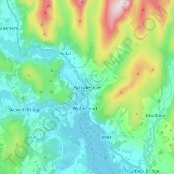 Topografisk kort Ambleside, højde, terræn