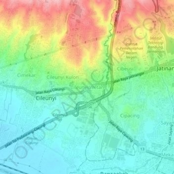 Topografisk kort Cileunyi Wetan, højde, terræn