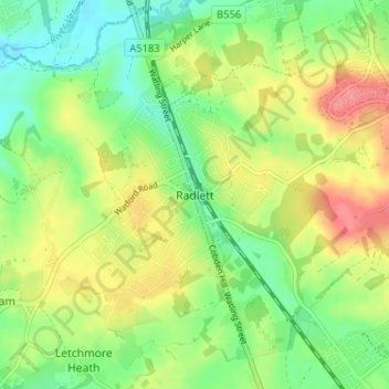 Topografisk kort Radlett, højde, terræn
