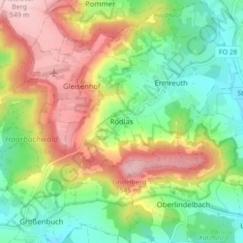 Topografisk kort Rödlas, højde, terræn