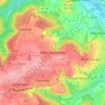 Topografisk kort Oberpreuschwitz, højde, terræn
