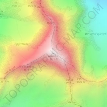 Topografisk kort Weissmies, højde, terræn