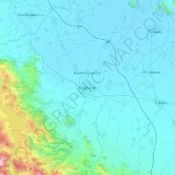 Topografisk kort Karditsa, højde, terræn