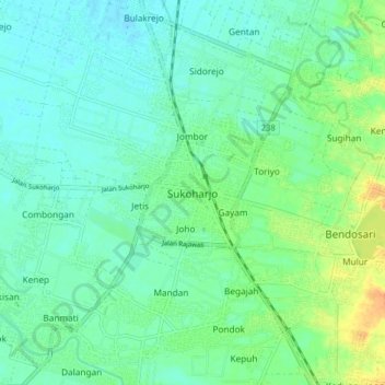 Topografisk kort Sukoharjo, højde, terræn