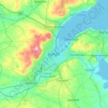 Topografisk kort Belfast, højde, terræn