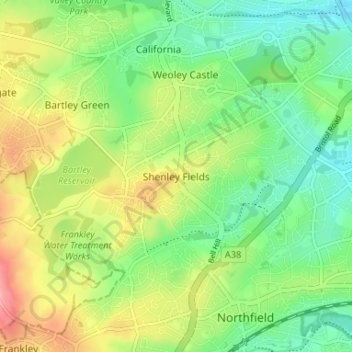 Topografisk kort Shenley Fields, højde, terræn