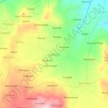 Topografisk kort Kadirejo, højde, terræn
