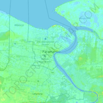 Topografisk kort Paramaribo, højde, terræn