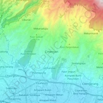 Topografisk kort Cimenyan, højde, terræn