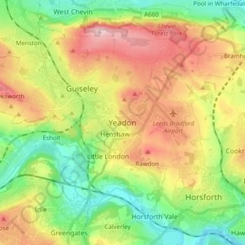 Topografisk kort Yeadon, højde, terræn