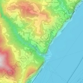 Topografisk kort Pregasio, højde, terræn