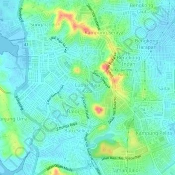 Topografisk kort Lubuk Baja Kota, højde, terræn