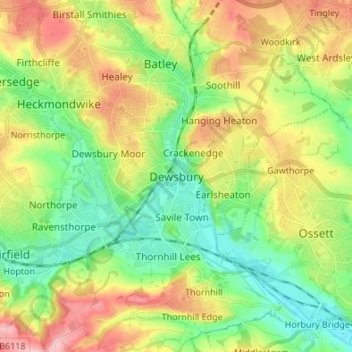 Topografisk kort Dewsbury, højde, terræn