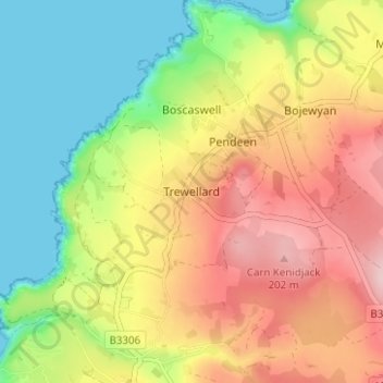 Topografisk kort Trewellard, højde, terræn