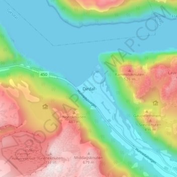 Topografisk kort Dirdal, højde, terræn