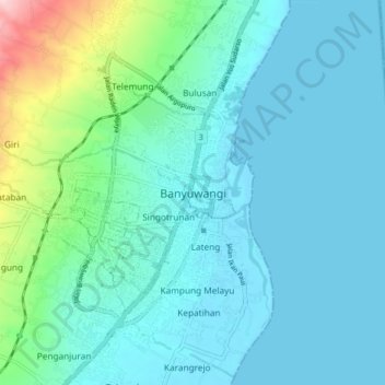 Topografisk kort Banyuwangi, højde, terræn