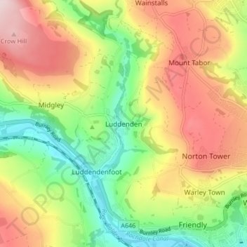 Topografisk kort Luddenden, højde, terræn