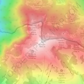 Topografisk kort Matajur, højde, terræn