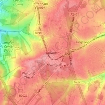 Topografisk kort Tadworth, højde, terræn