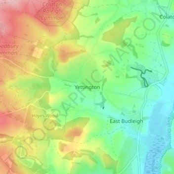 Topografisk kort Yettington, højde, terræn